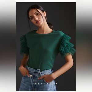 Lea & Viola Emerald Green Crewneck Top with Ruffled Tulle Sleeves